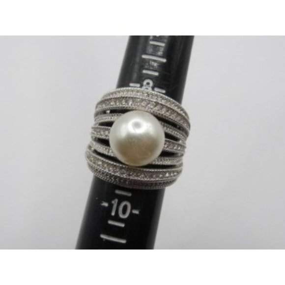 Faux Pearl 7 Tier Band Rhinestone Cocktail Ring signed NVC - Picture 14 of 14